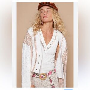 NEW!!!! POL Cable-Knit Plaid V-Neck Button Up Cardigan